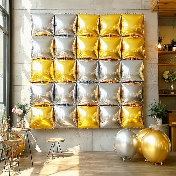 NISOCY 25PCS Metallic Silver Gold Square Foil Balloons Wall Backdrop Double Sided Chrome Gold Silver Balloons Arch Kit for Christmas New Year Anniversary Birthday Engagement Bridal Party Decorations
