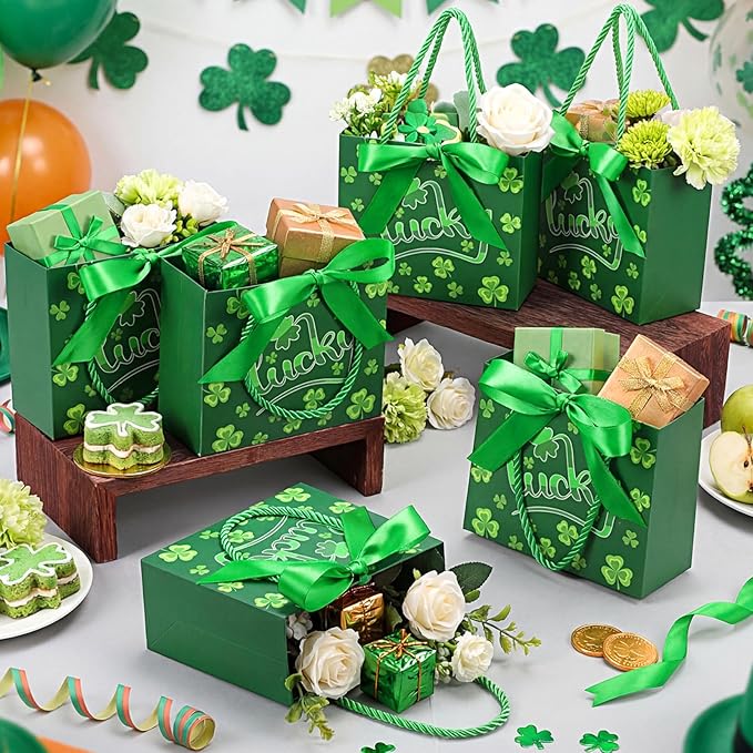 Moinchore 30 Pcs St Patrick's Day Gift Bags Bulk with Handles Bow Ribbon Wrap 5.5 x 4.7 x 2.5 in Green Shamrock Goodie Bags Irish Holiday Party Favors Supplies for Candy Snacks