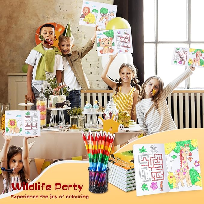 BenLouis 24 Jungle Safari Mini Coloring Books Kids with 24 Stacking Crayons Zoo Animals Party Favors Activity Books Bulk for Kids Wild One Lion Goodie Bag Gift Stuffer Classroom Reward