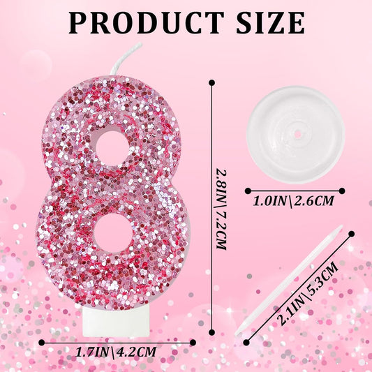 Birthday Number Candles, Glitter Number Candle Cake Decorations with Sequins, Cupcake Decorations for Girls, Women, Party Anniversary Celebrations (Number 8, Pink)