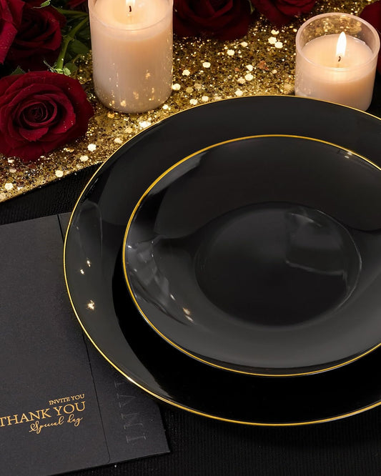 Nervure 100PCS Black and Gold Plastic Plates - 10.25 inch Black Disposable Plates - Gold Rim Dinner Plate - Black Dinner Plate Ideal for Wedding & Party & Halloween