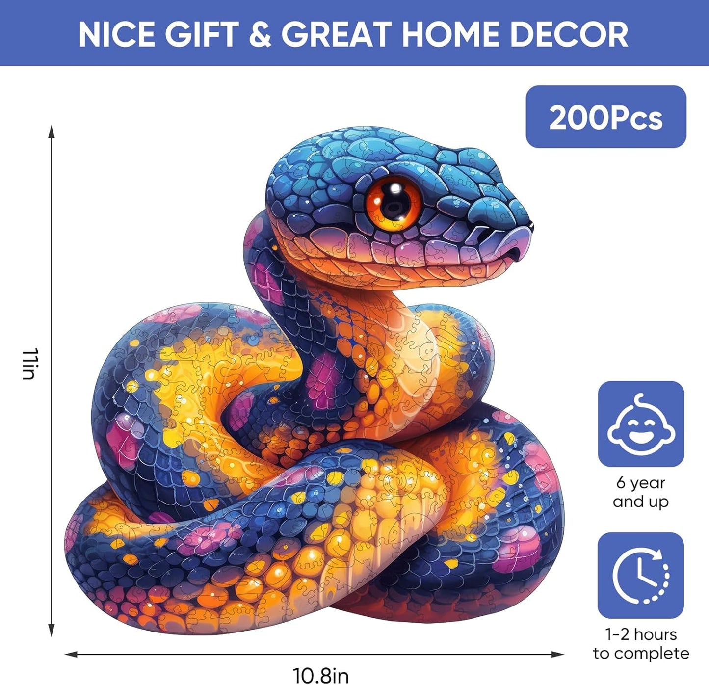 Reouinty Wooden Puzzle for Adults, Snake Puzzles, Puzzles for Older Kids, Snake Wall Decor, Wooden Jigsaw Puzzles Creative Gift for Family Game 10.8 x 11 in