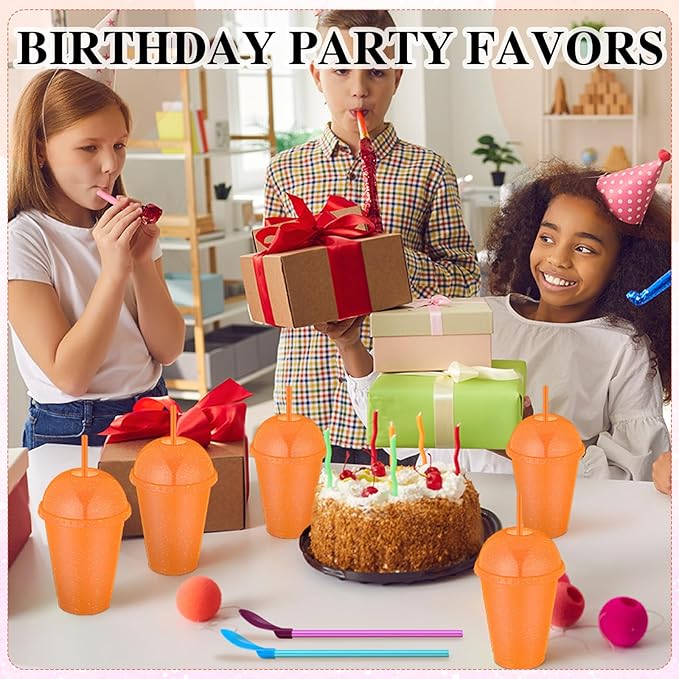 6 Set Slushie Cups with Dome Lids and Straws Detachable Spoon Straws Reusable Plastic Iced Coffee Cups Smoothie Tumbler for Birthdays Summer Party Supplies(Orange,16 oz)