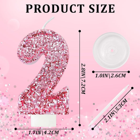 Birthday Number Candles, Glitter Number Candle Cake Decorations with Sequins, Cupcake Decorations for Girls, Women, Party Anniversary Celebrations (Number 2, Pink)