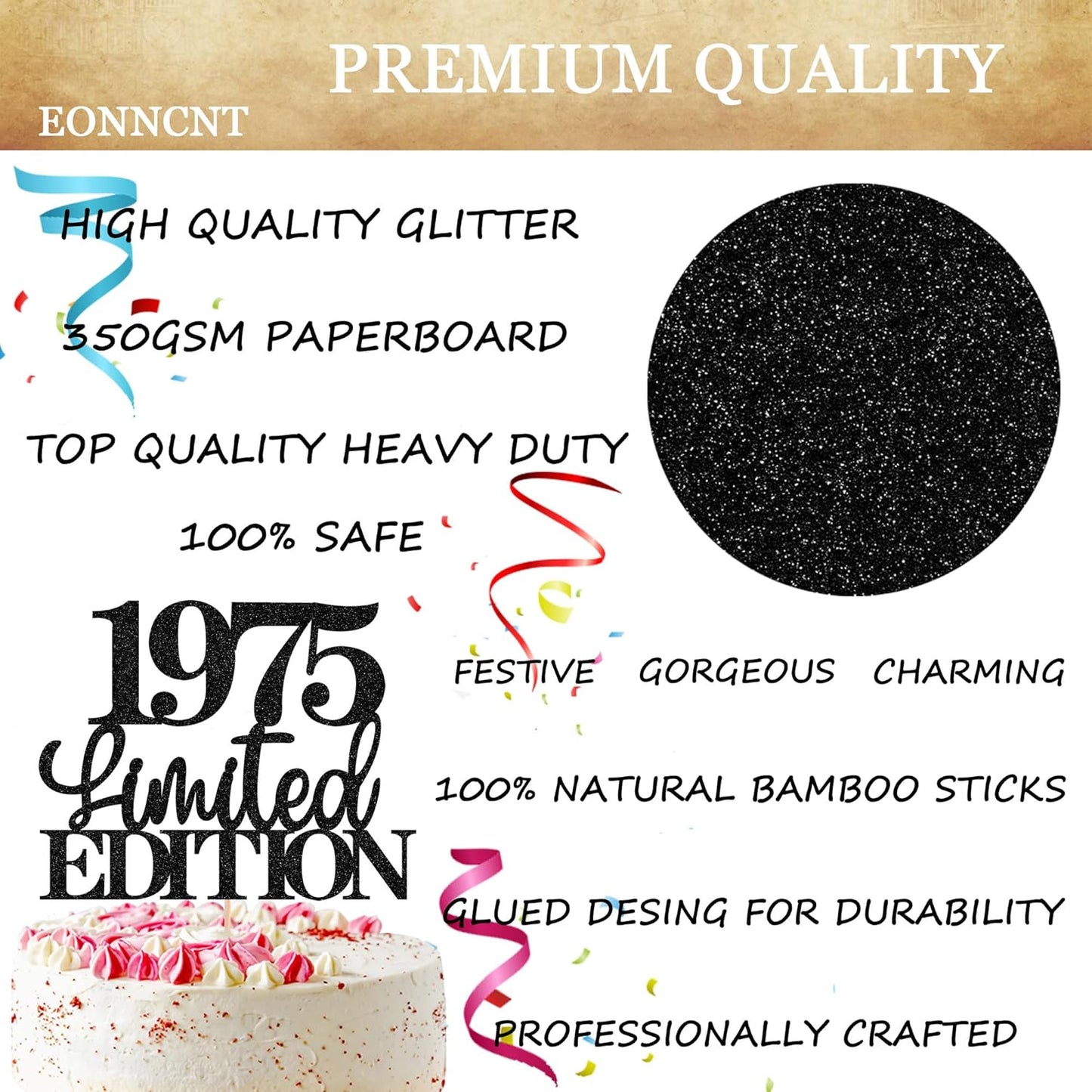 Limited EDITION 1975 Cake Topper - Black Glitter Happy 50th Birthday Party Cake Decoration Supplies, Cheer to 50 Years Cake Bunting Decor for 50th Birthday Party Photo Booth Props