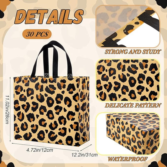 Abbylike 30 Pack Leopard Print Reusable Gift Bag Bulk Large Brown Animal Print Shopping Bag for Jungle Birthday Party Favor