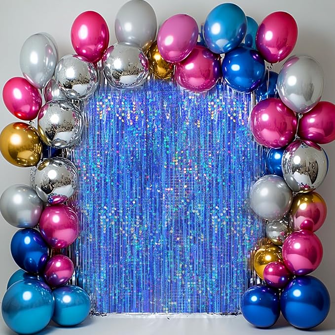 4 Packs Blue Foil Fringe Curtain, Navy Blue Metallic Tinsel Backdrop for Birthday, Wedding, Baby Shower, Bachelorette, Graduation, Galaxy Space Party Decorations Supplies