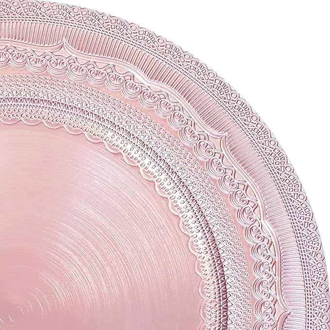 13" Foil-Pink Charger Plates, Lace Embossed Elegant Charger Plate Set of 6, Round Server Ware Chargers for Dinner Plate, Reusable Bulk Table Setting for Party or Event