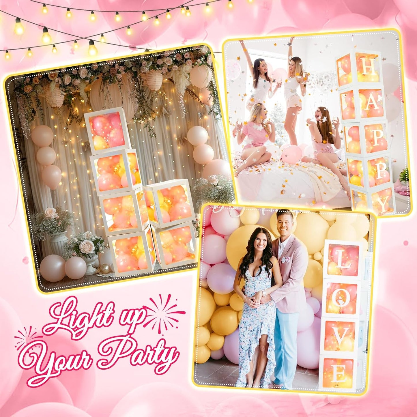 Ledido Transparent Balloon Boxes, Clear Balloon Boxes with 5 Pcs String Lights and 78 Letters for Baby Shower Gender Reveal Grad Birthday Party Anniversary Bridal Wedding Decor - 5 White Boxes