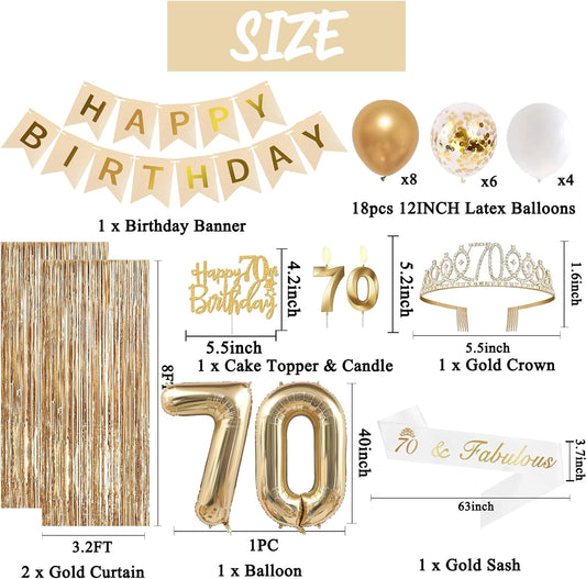 Trgowaul 70th Birthday Decorations for Women, Banner, Sash and Crown, Cake Topper, 70 Number Balloon, Fringe Curtains, Champagne Gold 70th Birthday Party Supplies