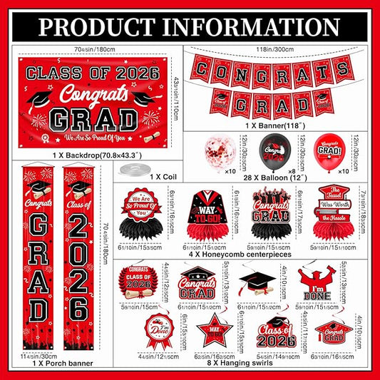 Graduation Decorations Class of 2026 Red and Black Party Decor Set include Congrats Grad Banner Graduation Backdrop Class of 2026 Balloons Party Supplies
