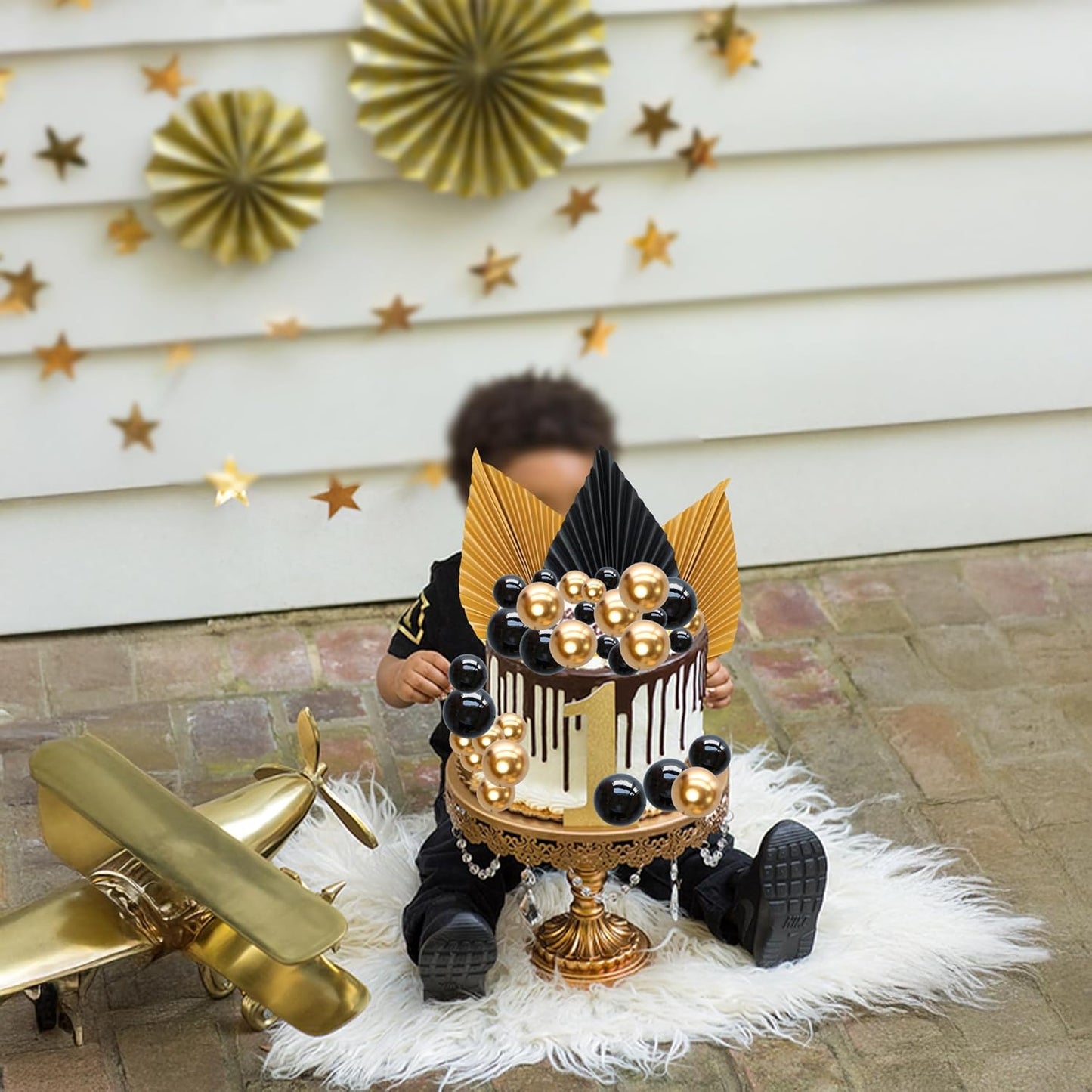 Ephlyn 28Pcs Paper Palm Fan Cake Topper Balls Cake Pick Decoration for Baby Shower Wedding Bridal Shower Birthday Party DIY Cake Decorations Supplies Black Gold