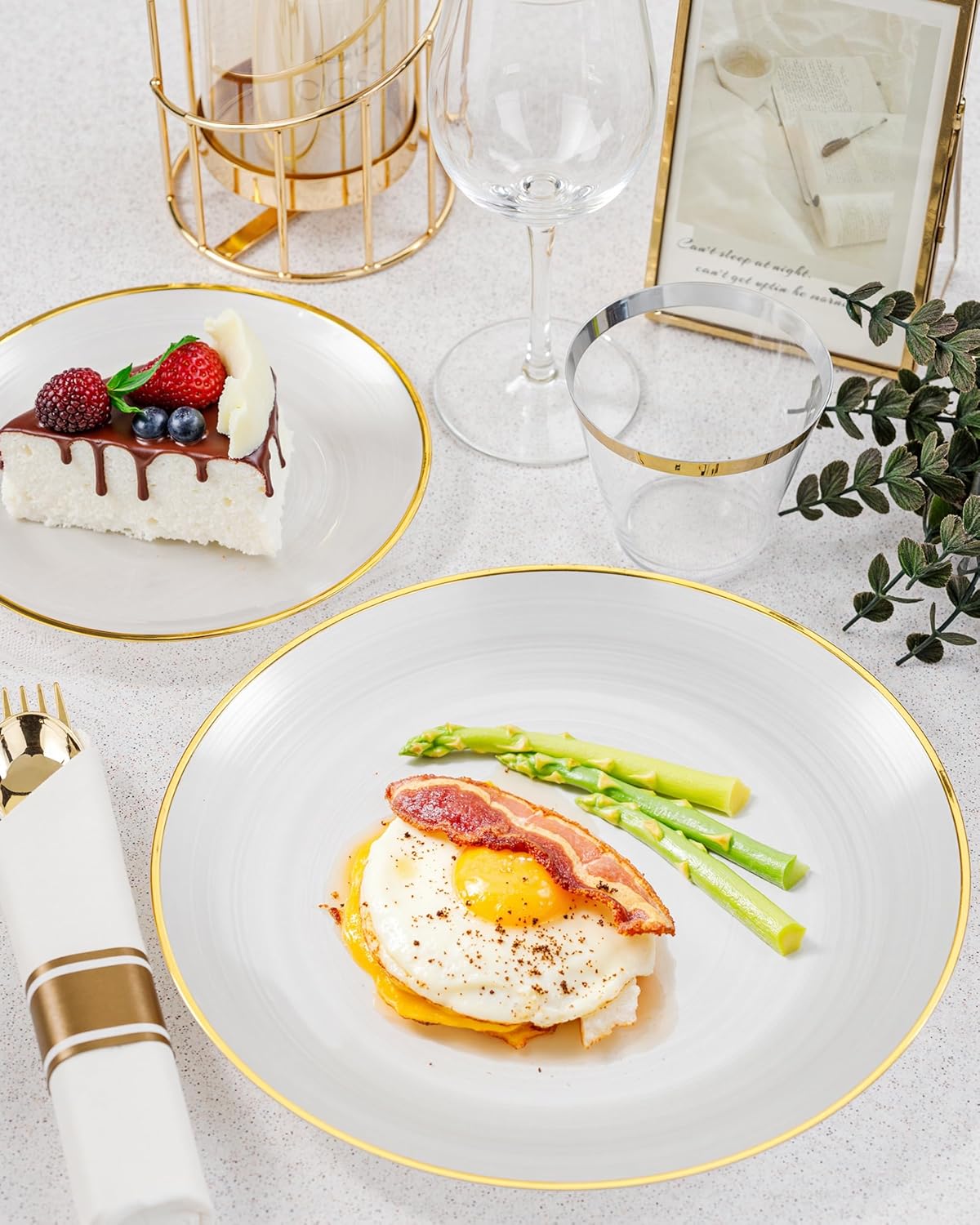 Morejoy 100Pcs Pearl White Plastic Plates,White Disposable Plates With Gold Rim,Heavy-duty Gold Plates, Modern swirl design Plate Include 50Clear Dessert-Platos,50Dinner-Platos for Party&Thanksgiving