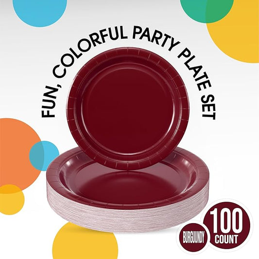 Exquisite Burgundy Paper Plates Disposable Heavy Duty 100 Pcs - 50-7" & 50-9" Burgundy Disposable Plates For Party Heavy Duty Paper Plate 350 GSM Birthday Party Supplies Plate Set