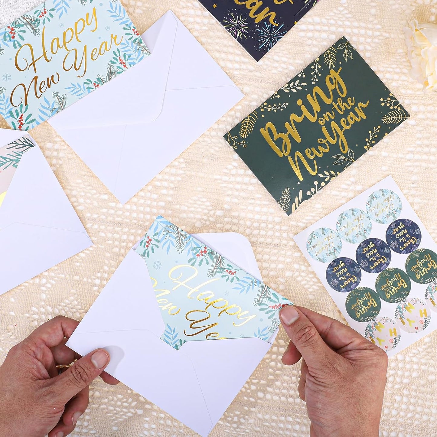 New Year Cards with Envelopes, 24 Pack 4x6in Happy New Year Greeting Cards, Gold Foiled Holiday Card, 300gsm Note Card with Stickers