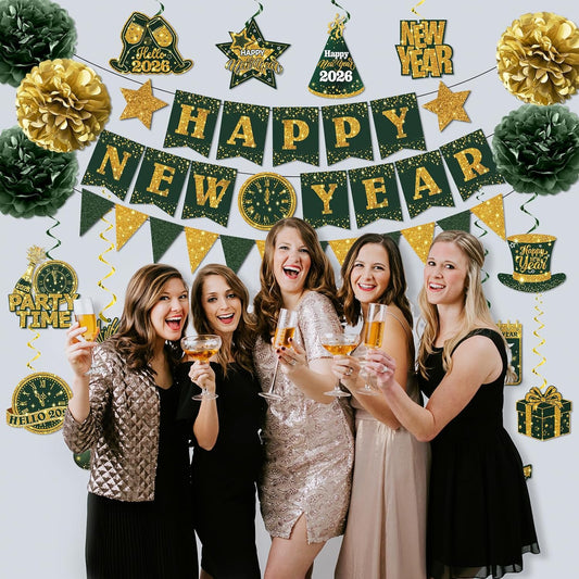 New Years Decorations Hanging Swirls,Green and Gold 2026 New Years Eve Decorations Banner Ceiling Hanging Pom Pom Garland Triangle Flag for Happy New Year Decorations