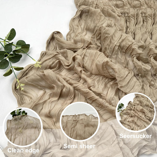 Booque Valley Nude Cheesecloth Table Runner 120 Inch 10ft Super Soft Boho Wrinkled Gauze Sheer Cloth for Baby Shower Birthday Bridal Shower Wedding Centerpiece Table Decoration, 3 Pack, Tan