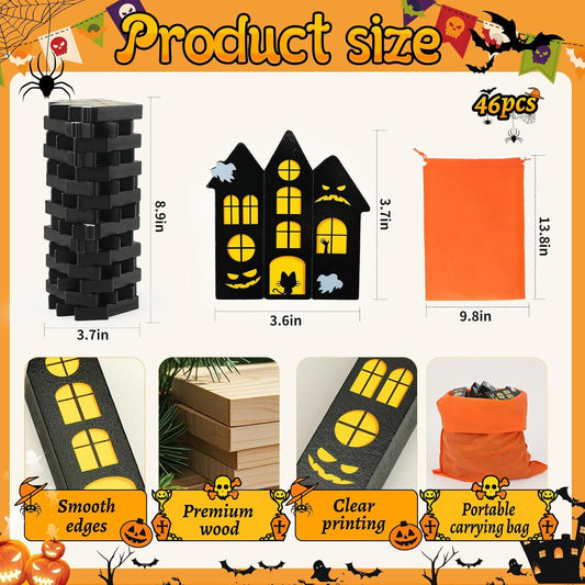 Halloween Wooden Blocks Stacking Games, Haunted Castle Theme Tumbling Tower and Balance Game for Adults, Kids, and Family Party, Stacking Board Toy with Storage Bag, Halloween Party Activities Gifts