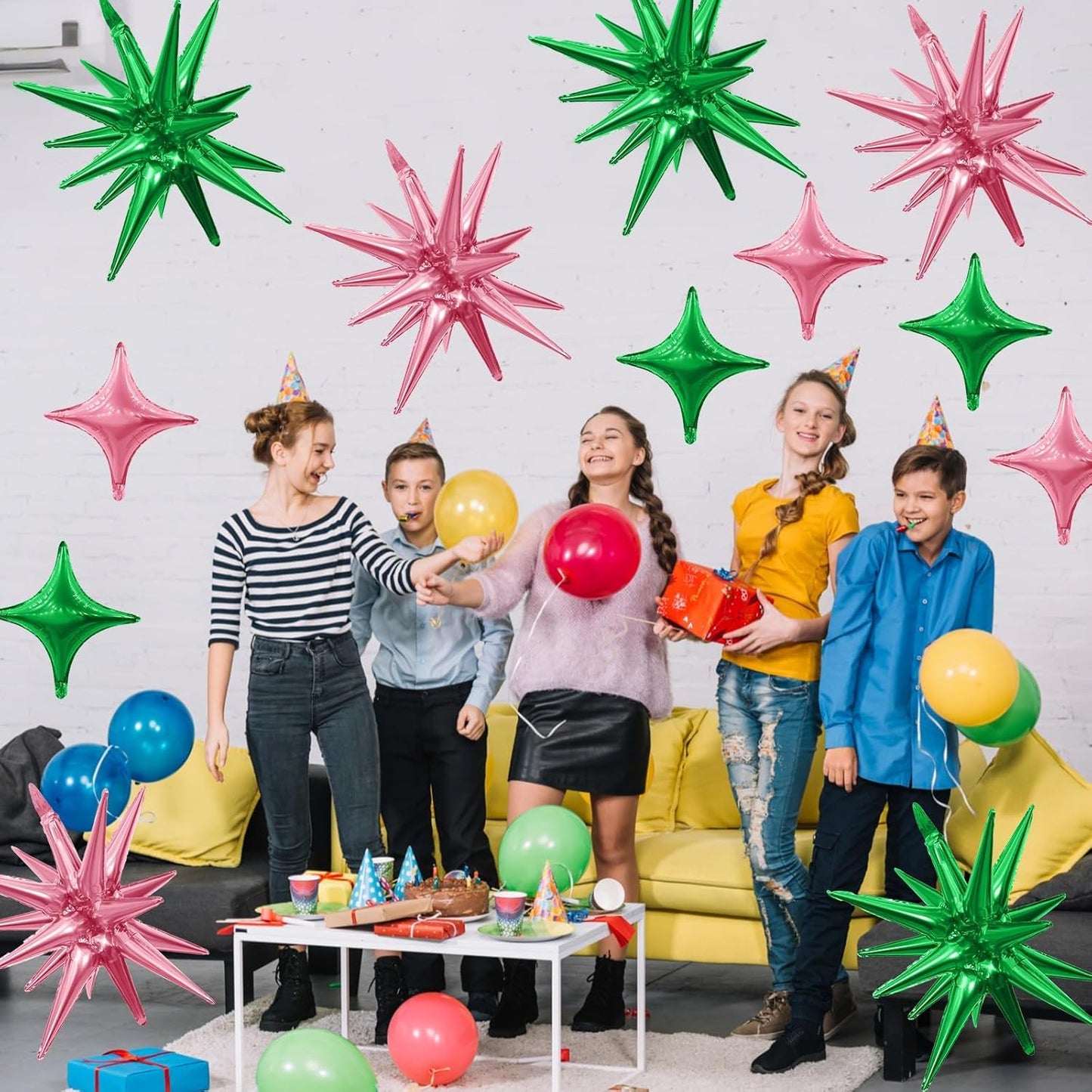 Pink Green Star Balloons,6Pcs 22Inch Explosion Star Balloons and 10Pcs 10Inch Four Angle Balloon Kit for Witch Birthday Anniversary Disco Party Decorations