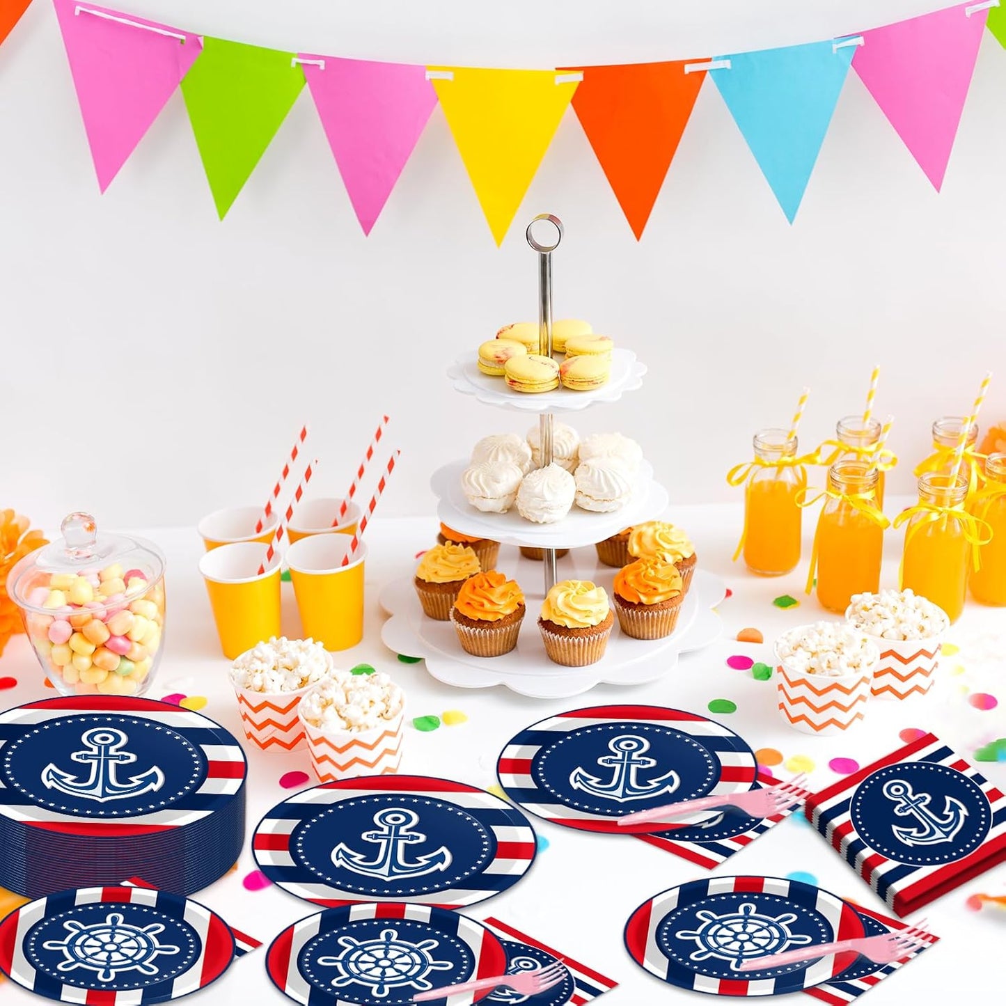 50 Guests Nautical Anchor Party Supplies Anchor Theme Plates Napkins Sailor Boat Ship Party Decorations Nautical Disposable Paper Tableware Set for Baby Shower Birthday Party Boys Girls Kids 200PCS