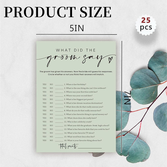 Bridal Shower Games, What Did the Groom Say, 25Pcs Minimalist Sage Green Bridal Game Cards, Wedding Shower Games for Guests, Engagement Bachelorette Party Supplies