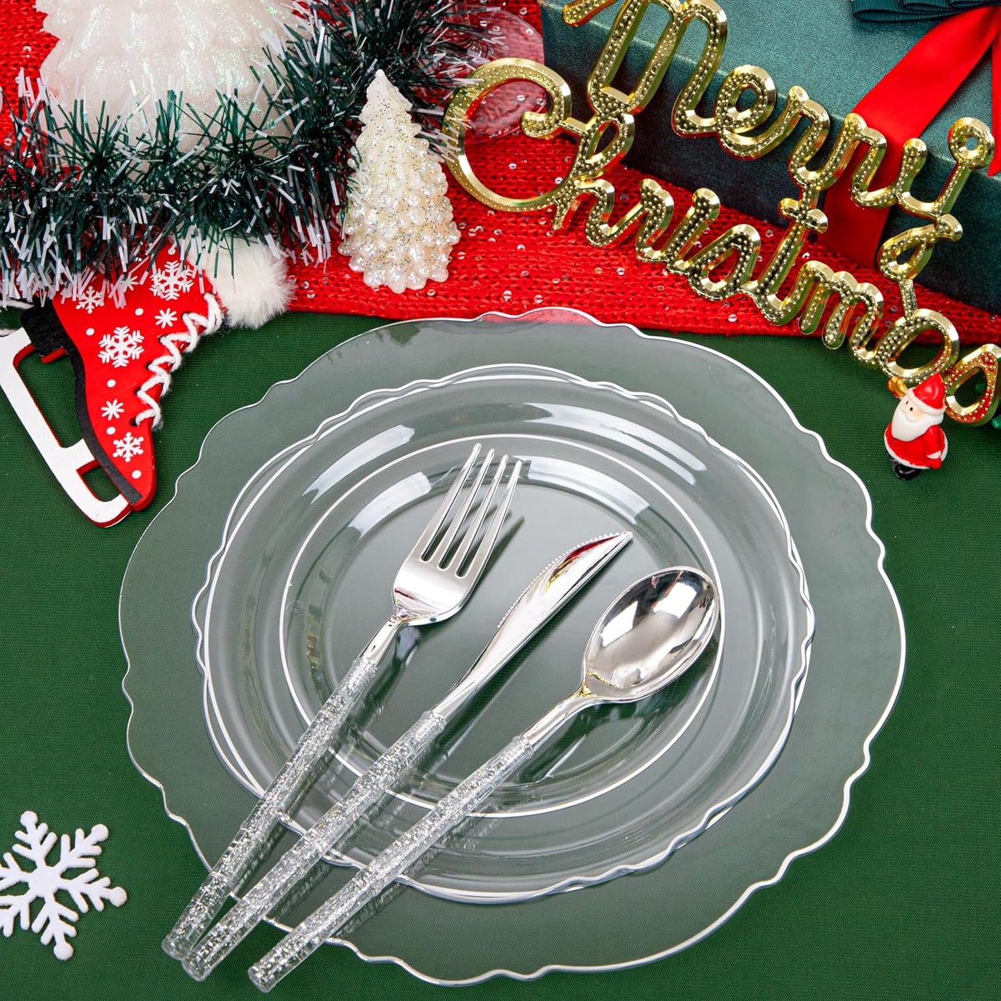 Liacere 150PCS Clear Silver Plastic Plates & Disposable Silver Plastic Silverware with Glitter Bamboo Handle Cutlery-Baroque Clear Disposable Plates for Wedding & Easter day & Mother's Day
