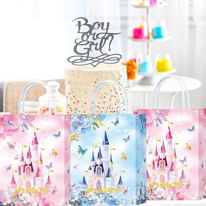 W WINTMING 20Pcs Princess Prince Party Favor Bag Blue Pink Castle Goodie Bag with Handles Butterfly Bag for Baby Shower Birthday Gender Reveal Party (Blue-castle)