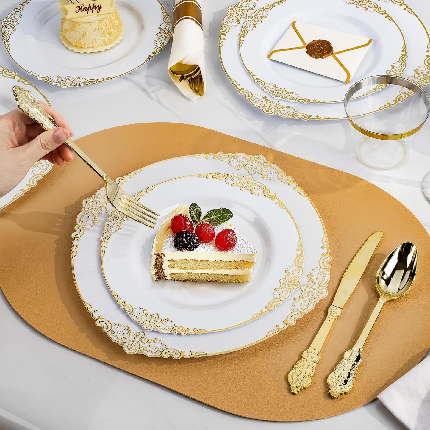 175PCS Gold Plastic Plates for 25 Guests, Disposable Dinnerware Sets Include 50 Gold Rim Plastic Plates, 25 Silverwares, 25 Cups, and 25 Pre Rolled Napkins for Party, Wedding and Graduation