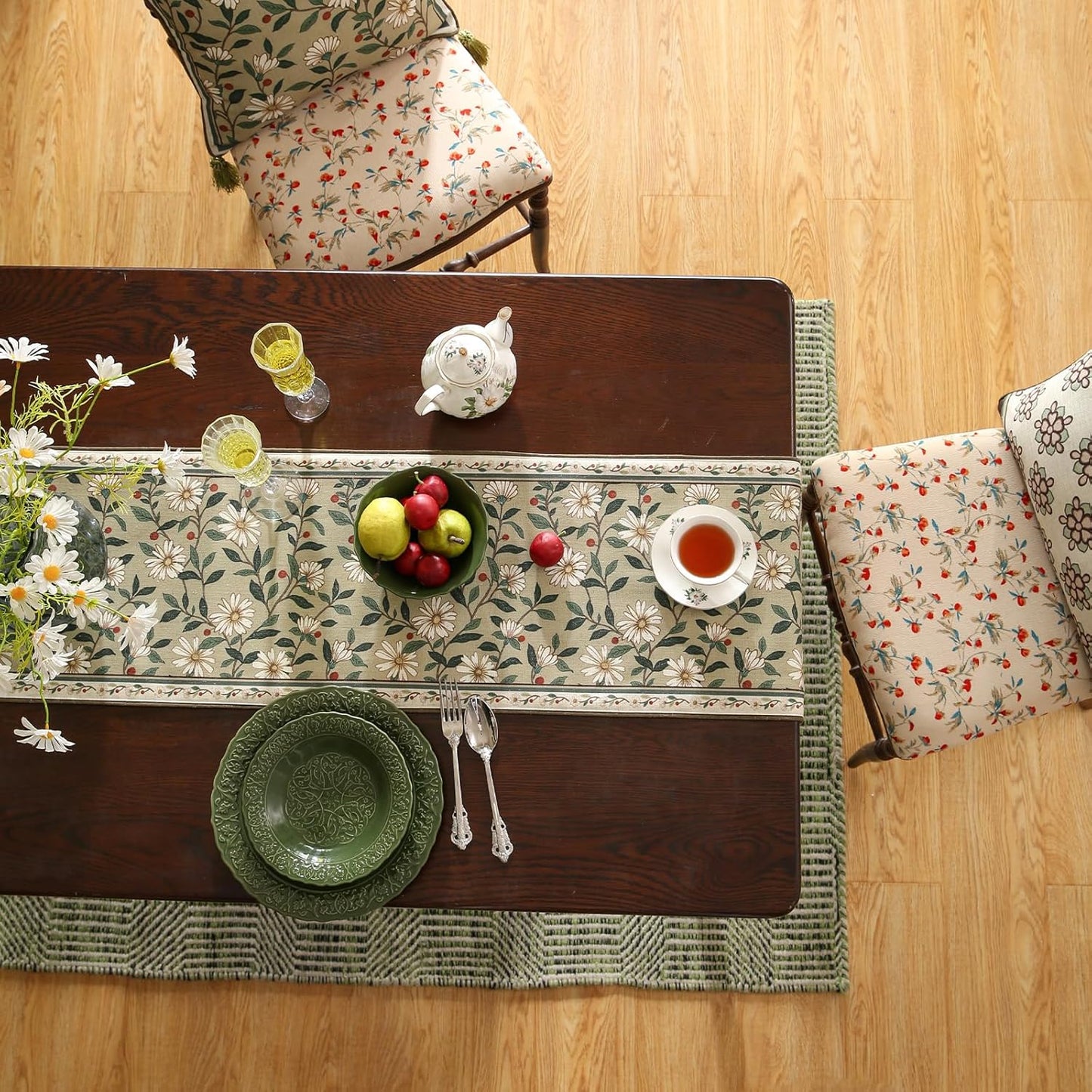 ISAENNE Designer Green Elegant Linen Extra Long Table Runner 118 Inches,Flower and Leaves Pattern Wrinkle Resistant Table Runners for Dining Tables,Thanksgiving,Kitchen Tables,Christmas,12"*118"-Brune