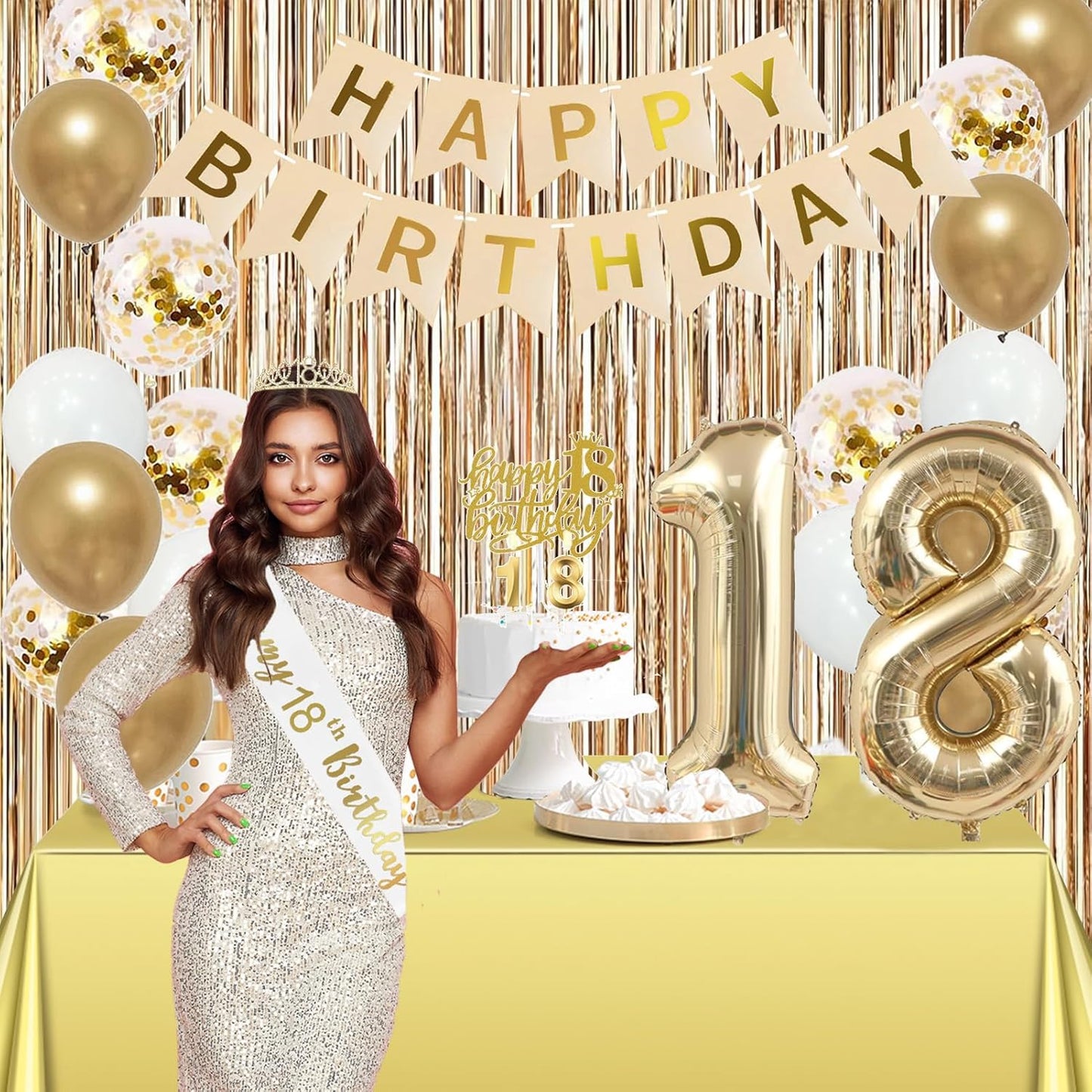 Trgowaul Happy 18th Birthday Decorations for Girls, Banner, Sash and Crown, Cake Topper, 18 Number Balloon, Fringe Curtains, Champagne Gold 18th Birthday Party Supplies