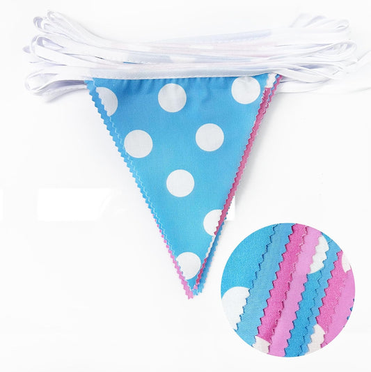 Pinkblume 32Ft Gender Reveal Party Decorations Pink and Blue Circle Dot Pennant Triangle Banner Party Flag Bunting Streamer Garland