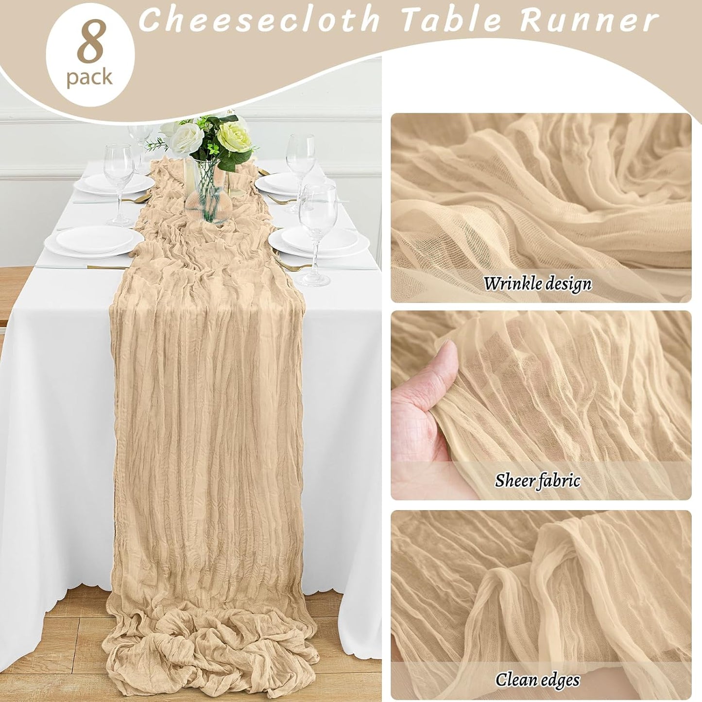 8Pack Beige Table Runner 10FT Cheesecloth Table Runner 35x120Inch Long Boho Cheese Cloth Table Runners Rustic Gauze Table Runners for Party Wedding Bridal Shower Baby Shower Decorations