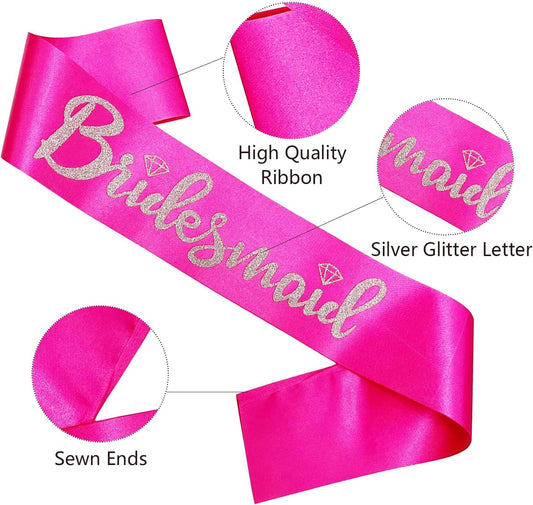 Bridesmaid Sashes Set of 6, Hot Pink Sash with Silver Glitter Letter Bachelorette Party Sash for Bridal Shower Wedding Party Accessories Supplies Engagement Gifts