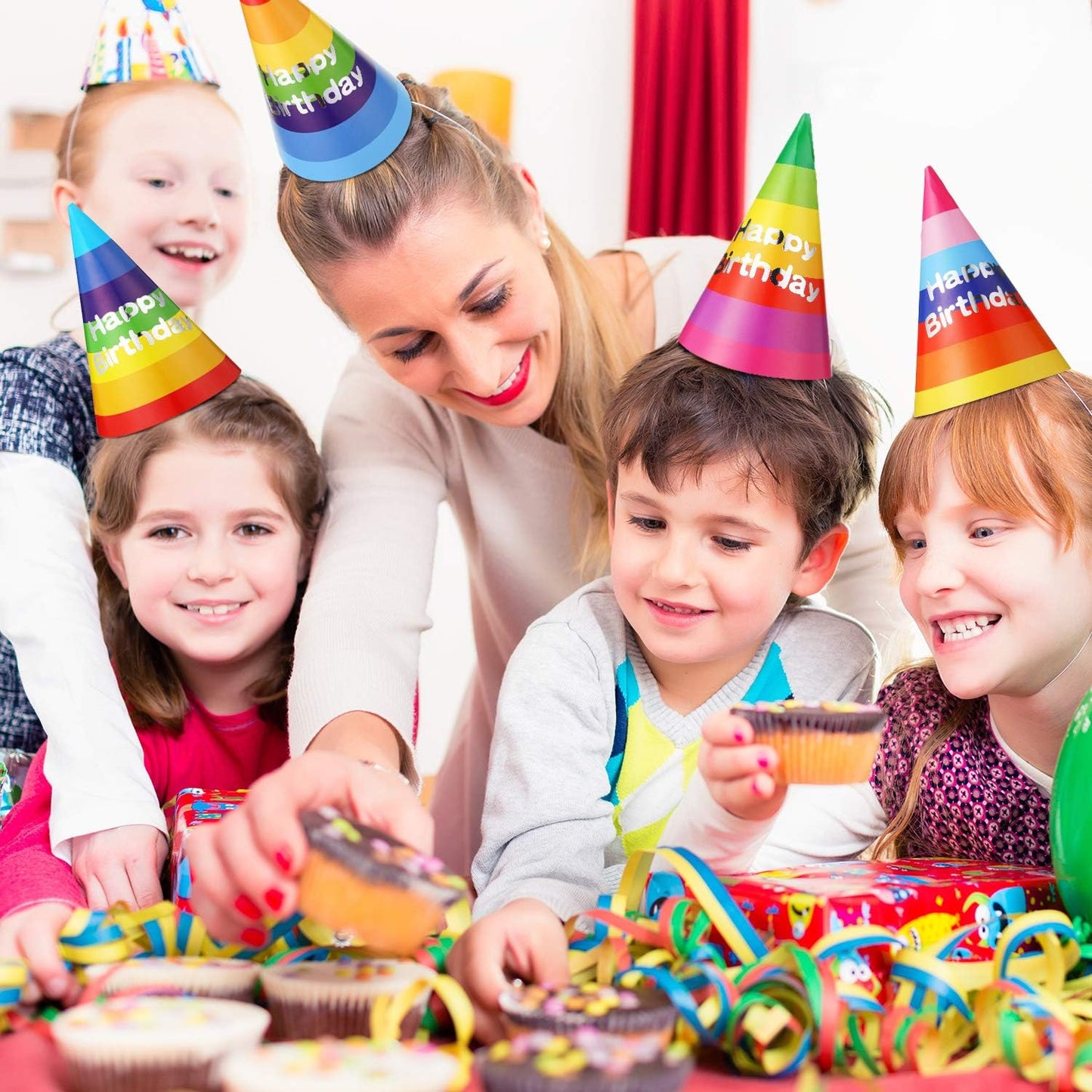 Boao 20 Pcs Rainbow Birthday Party Hats with Happy Birthday Banner Colorful Cone Hats for Adults Kids Toddlers Bulk Party Decorations Supplies
