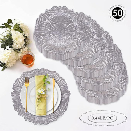 MAONAME 13" Silver Charger Plates Set of 50, Reef Plate Chargers Bulk, Round Charger for Dinner Plates, Plastic Table Chargers for Wedding Decor
