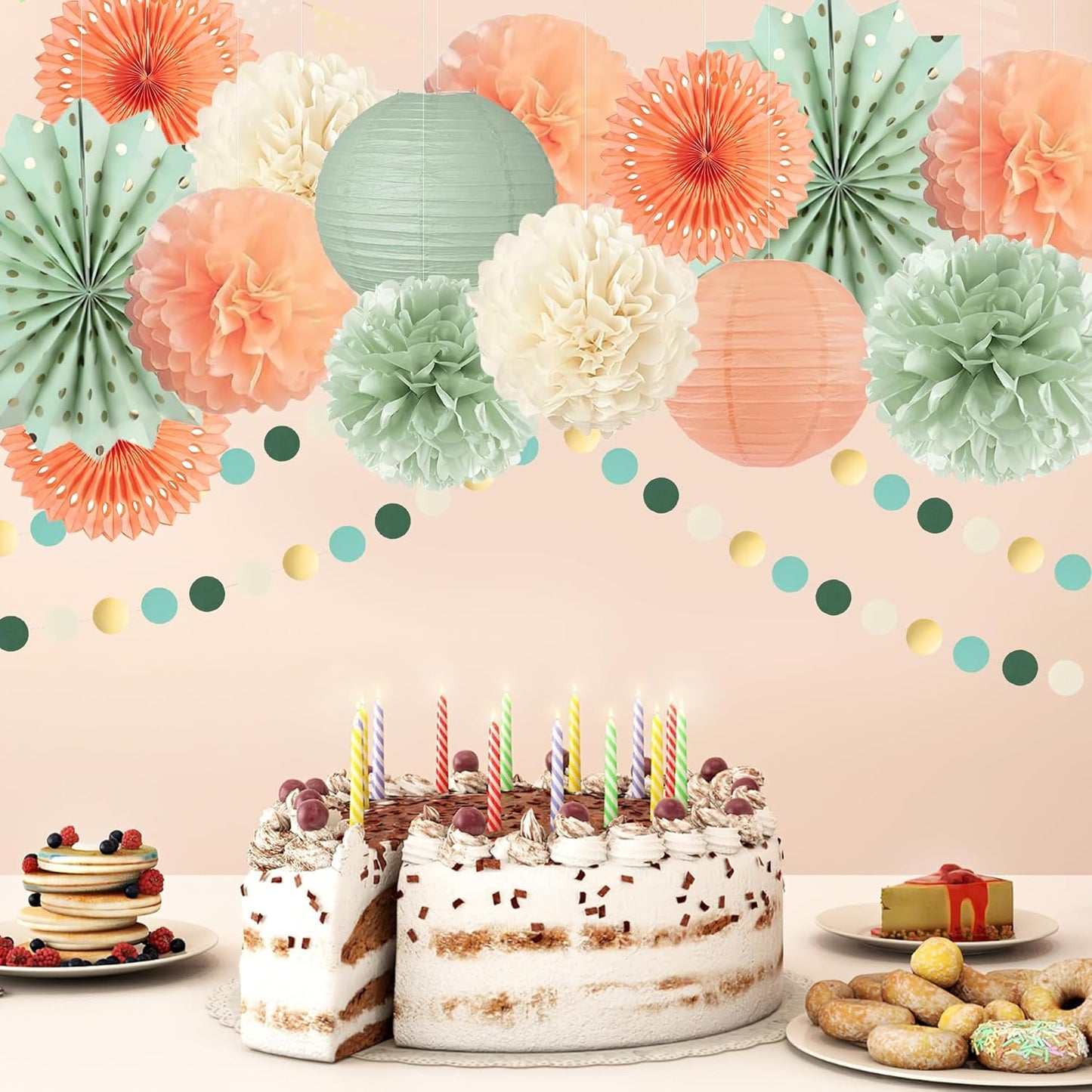 Sage Green and Peach Party Decorations Sage Green and Peach Paper Fans Paper Lanterns Pom Poms Flowers for Baby Shower Birthday Wedding Engagement Party