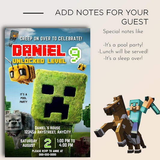 Fully Customizable minecraft Birthday Party Invitations, 4 x 6 inches, with Self-Sealing Envelopes, Gaming Theme Design, minecraft Birthday Invitations for Boys and Girls (Mnecraft/Creeper)