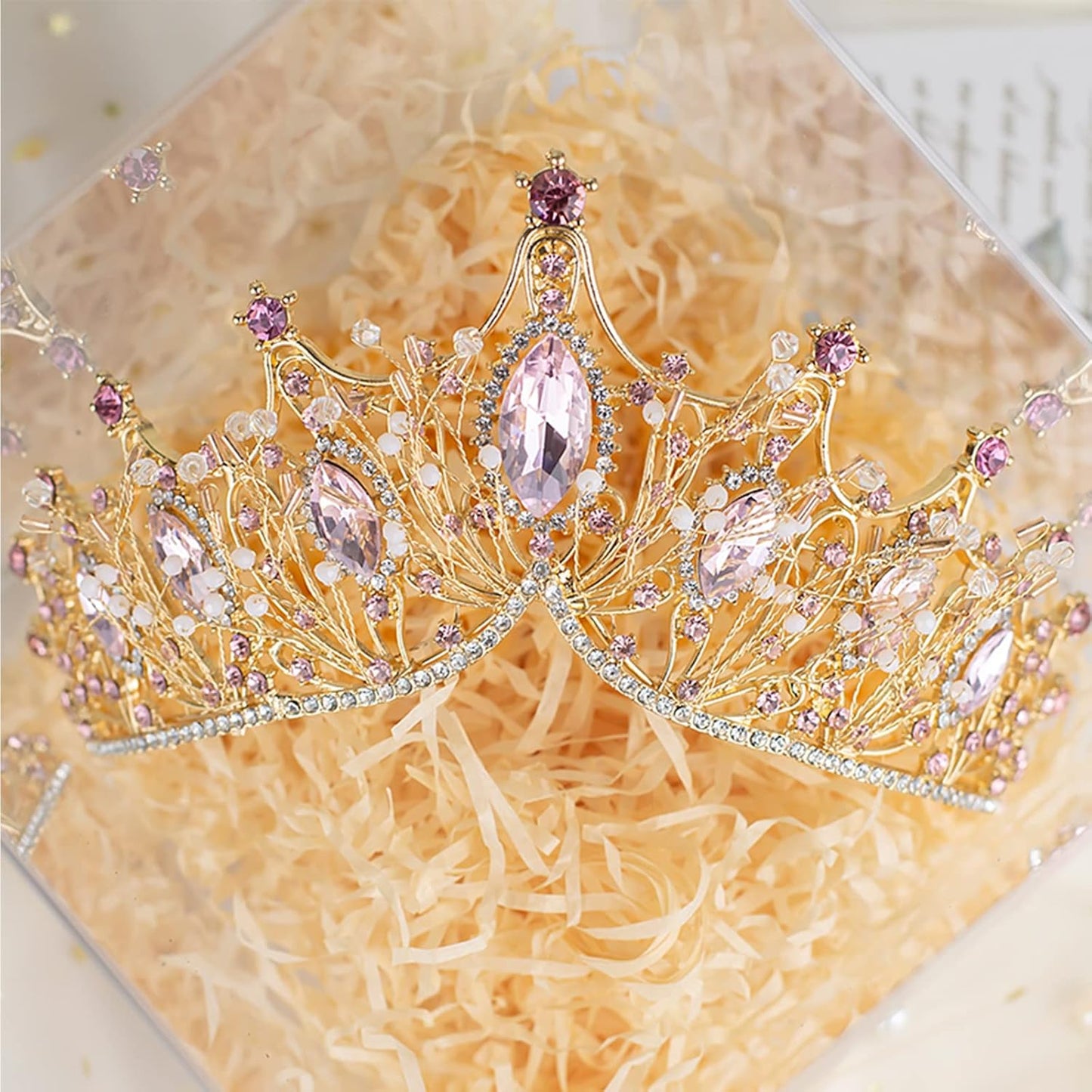 Yolmina Pink Baroque Vintage Crown, Crystal & Pearl Tiara for Women & Girls, Wedding & Party Accessory