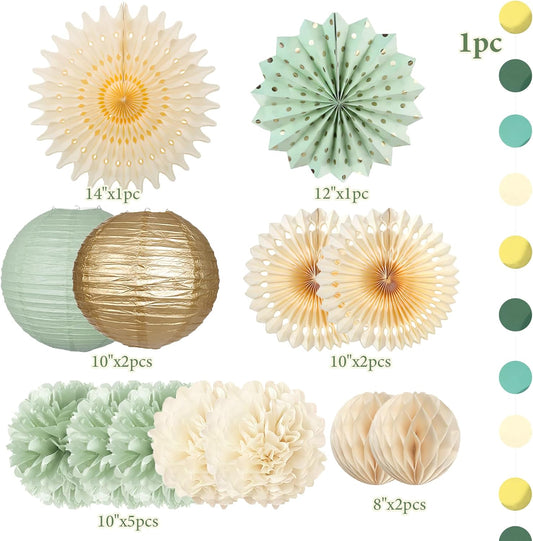 Sage Green Party Decorations Sage Green and Cream Paper Fans Paper Lanterns Pom Poms Flowers for Baby Shower Birthday Wedding Engagement Party