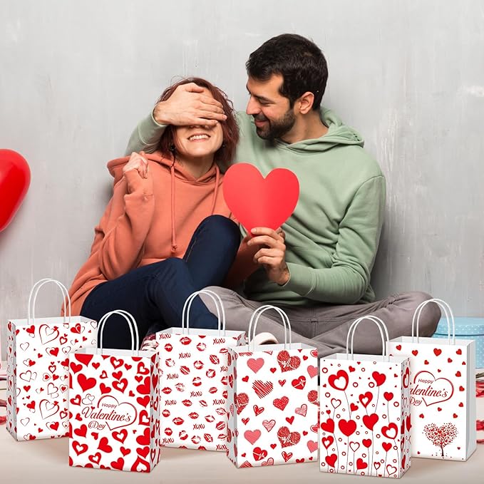 Glenmal 24 Pcs Valentines Bags Bulk with Handles 8.3 x 5.9 x 3.1 Inch Red Heart Love Gift Treat Goodie Candy Paper Bags for Classroom Valentine's Day Gift Wrapping Anniversary Dating Wedding