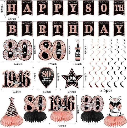 Zirtorei 80th Birthday Decorations for Women, 21pcs the Year 1946 Banner Balloon Party Supplies, Rose Gold 80 Year Old Birthday Backdrop, 80 Bday Honeycomb Centerpiece Hanging Swirls Sash Gifts
