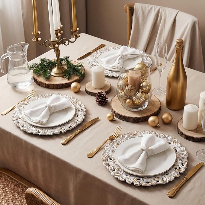 12 Pcs Antique White Charger Plates Bulk 13 Inch Embossed Rim Plastic Round Decorative Plates Charger for Dinner Wedding Party Event Table Setting Decoration (Hollowed out Flowers)