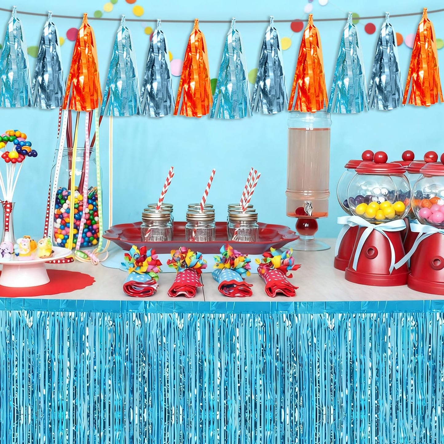 3P Lake Blue Light Blue-Orange Tassel Banner Garland Metallic Foil Fringe Banner Tinsel Tassels Streamer Banner Backdrop for Parade Floats,Graduation Decorations, Wedding Party Decoration