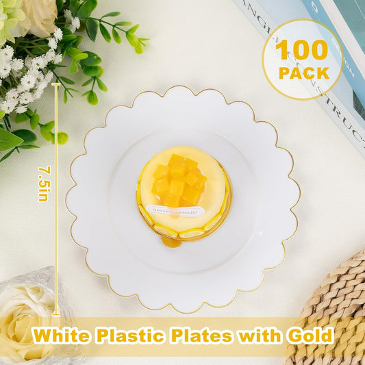 LIYH 100 Pcs Gold White Dessert Plates - 7.5" Disposable Fancy Cake Plates - White with Gold Rim Premium Hard Appetizer Cake Plastic Wedding Plate for Party,Bridal Shower,Birthday