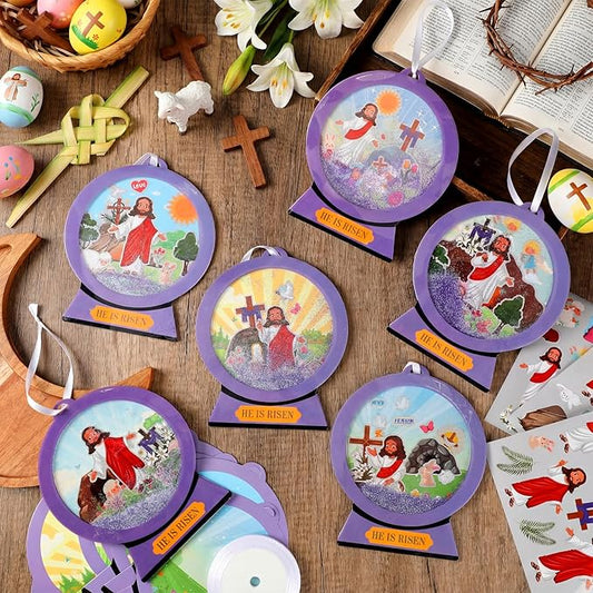 Frienda 48 Set He is Risen Scene Craft Kit Religious Crafts for Kids DIY Shaking Globe Craft Make a Jesus Risen Ornament Bulk with Glitter Sequins Paper for Sunday School Christian Religious Decor