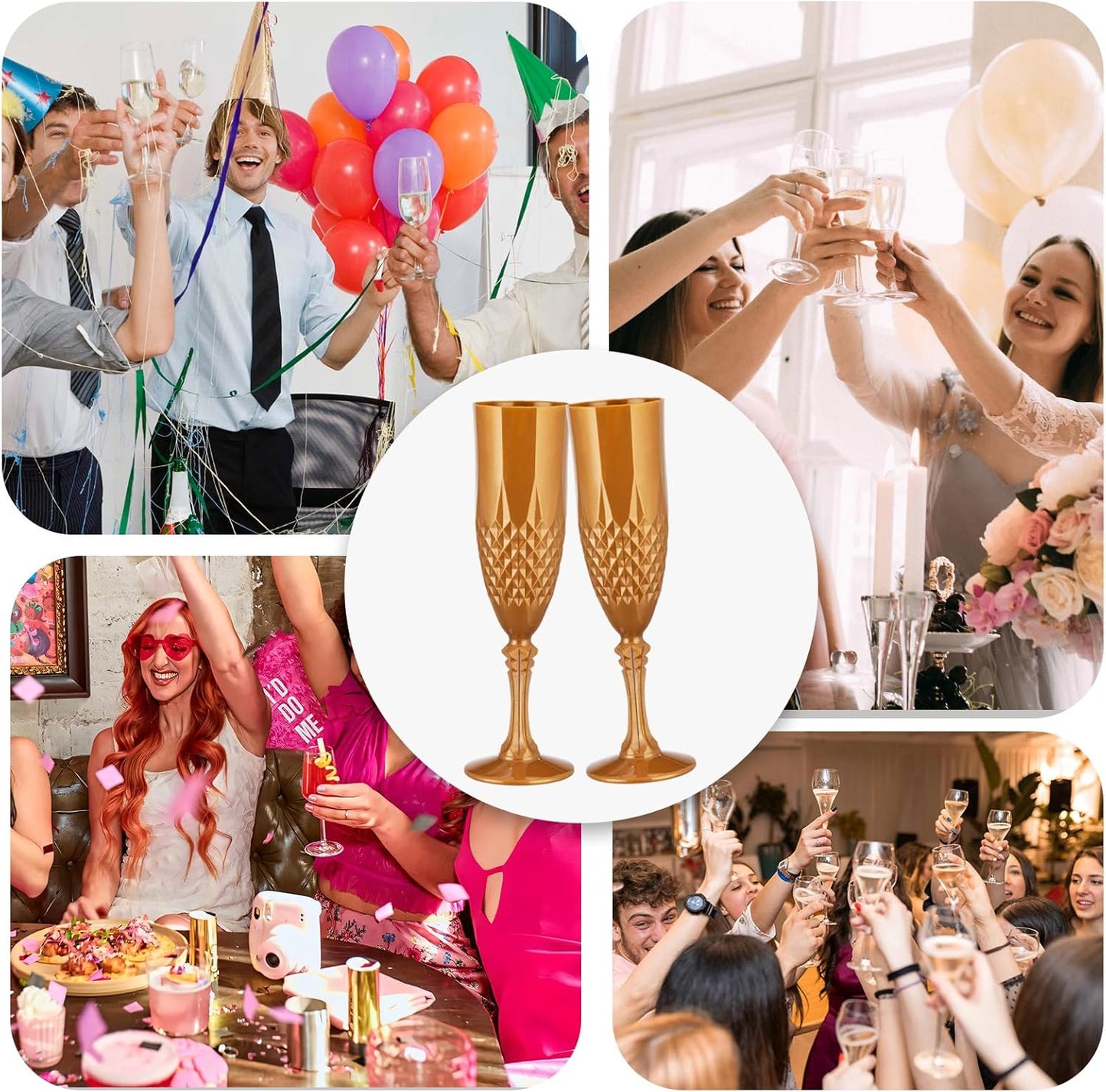 Plastic Champagne Flutes,Acrylic Wine Glasses Goblets Mimosa Bar Shatterproof Reusable Vintage Champagne Flutes Stemmed Drinking Cups for Weddings,Parties, Toasting,Cava, Prosecco(48,Gold)