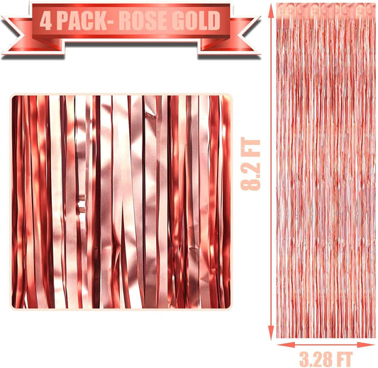 4 Pack Rose Gold Foil Fringe Curtain Backdrop, 3.28Ft x 8.2Ft Metallic Tinsel Foil Fringe Streamers Curtains for Party,