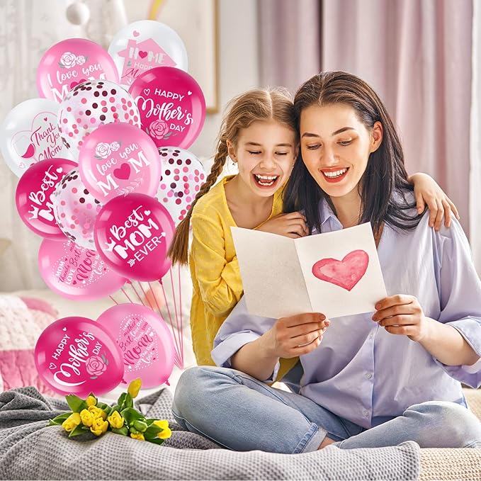 50 Pcs 12inch Happy Mother's Day Balloons Party Decorations Supplies, I Love You Best Mom Ever Thanks Giving Party Latex Balloons for Mother's Day Party Mother Birthday Party Favors