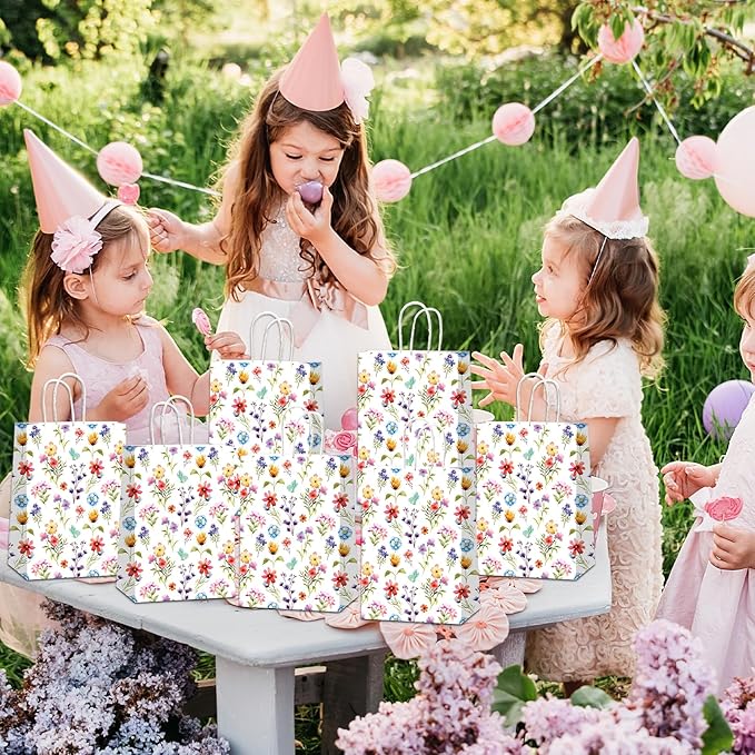 CHUNNIN 24PCS Wildflower Party Paper Bags Floral Flower Treat Bags Wildflower Paper Treat Goodies Bag for Spring Summer Decorations Birthday Tea Party Favors Bridal Shower Wedding Supplies