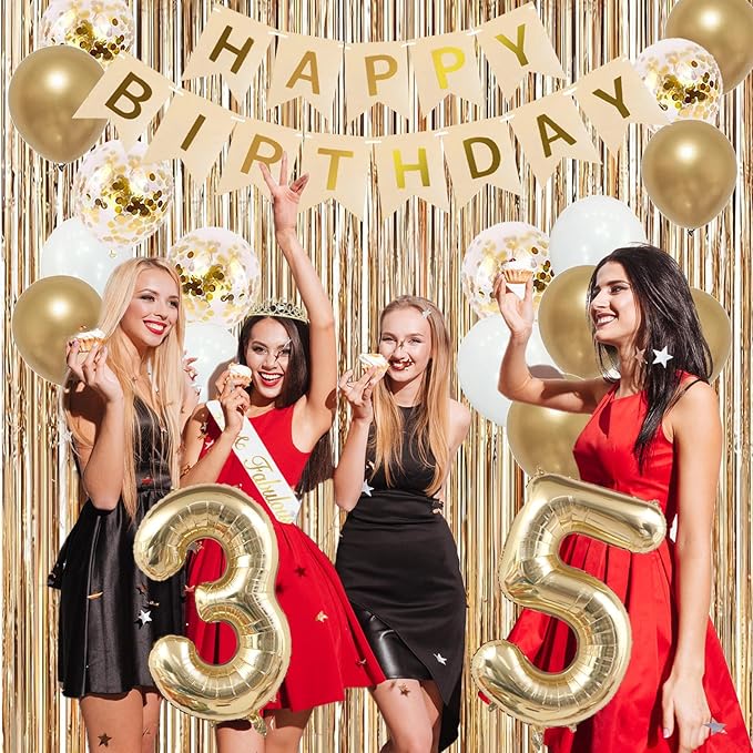 Trgowaul 35th Birthday Decorations for Women, Banner, Sash and Crown, Cake Topper, 35 Number Balloon, Fringe Curtains, Champagne Gold 35th Birthday Party Supplies